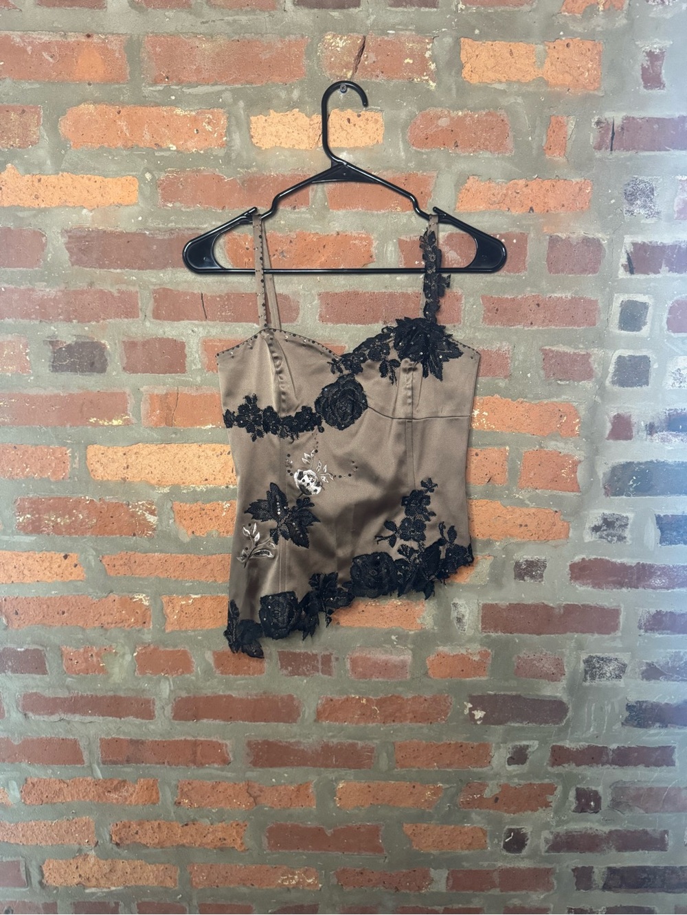Adrianna Papell Brown Satin Floral Appliqué Cami Top
